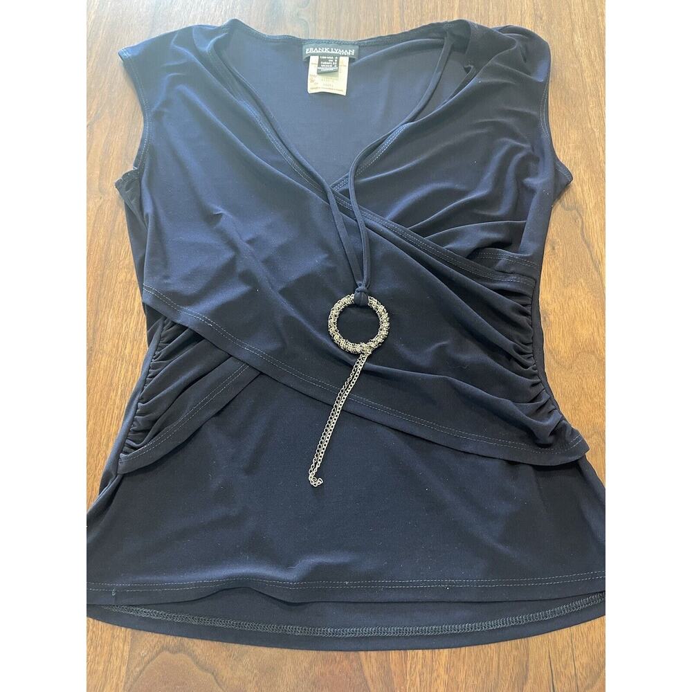 Frank Lyman womens Top blouse 4 navy blue sleeveless with silver chain v neck